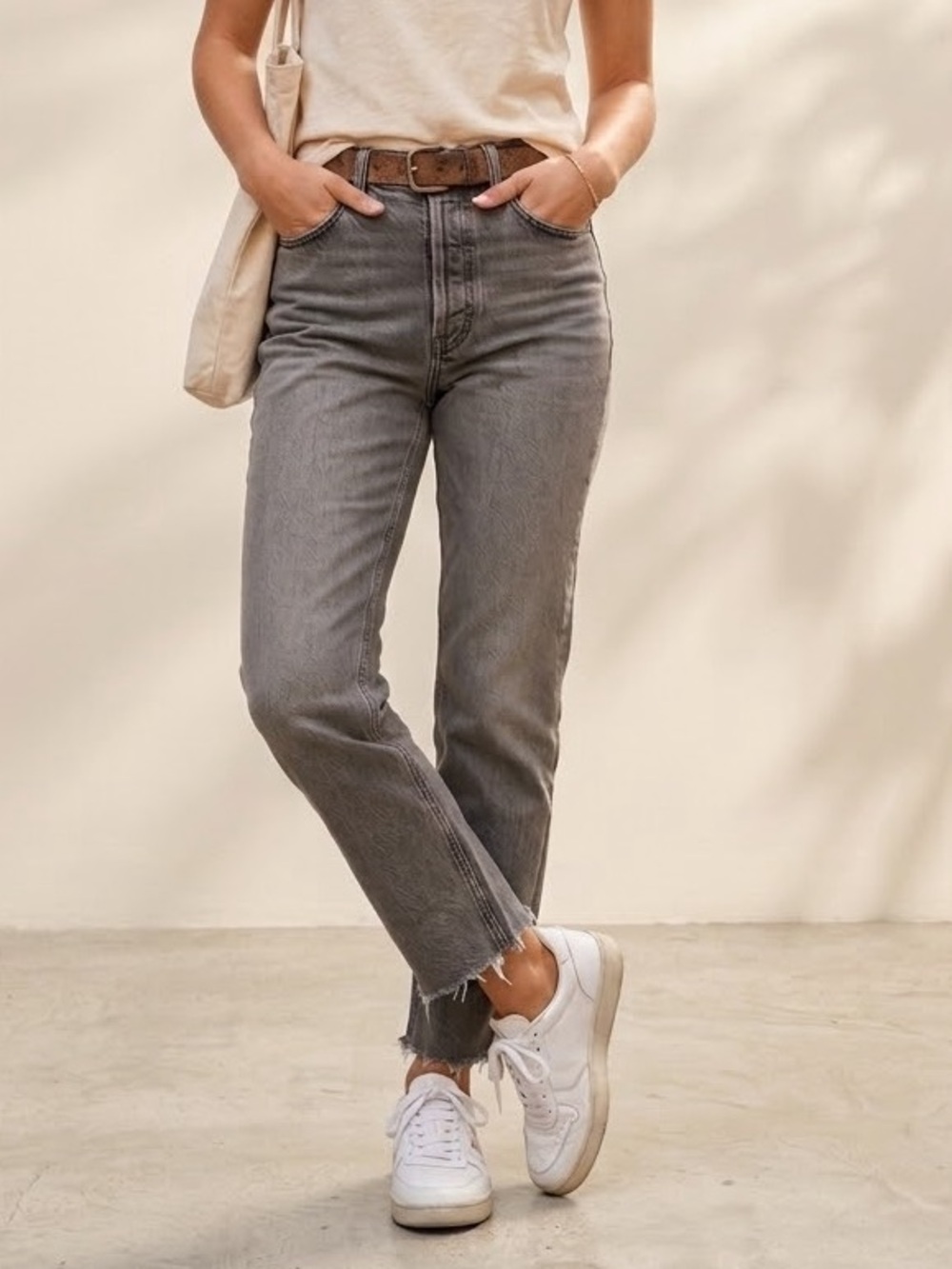 Good American Washed Gray Distressed Raw Hem Jeans Size 10 / 30
